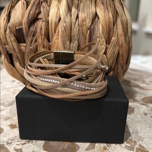 Elegant Tan Leather Wrap Bracelet with magnetic closure